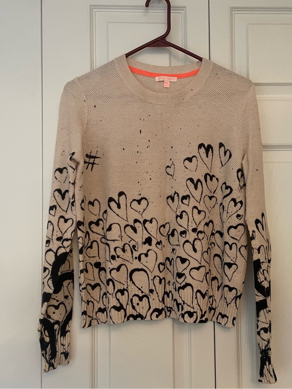 Lisa Todd Crazy Love Spiral Cotton Cashmere Knit Sweater Black Heart Print XS